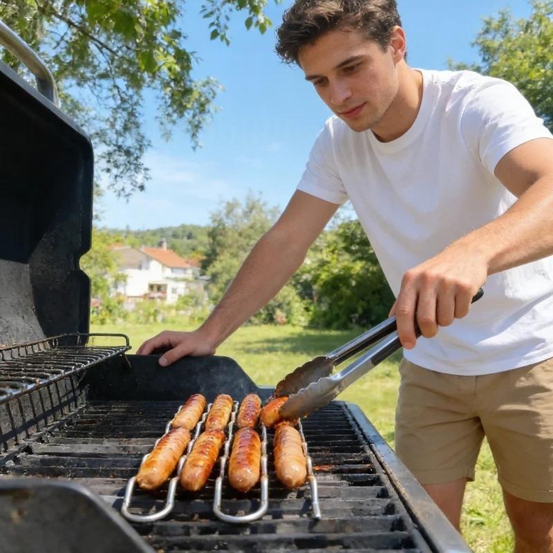 BBQ Sausage Roller Rack, Hot Dog Roller Grill, Stainless Steel Sausage Griller with 360° Rolling Design -Free Rack for Camping Outdoor Family Cookouts