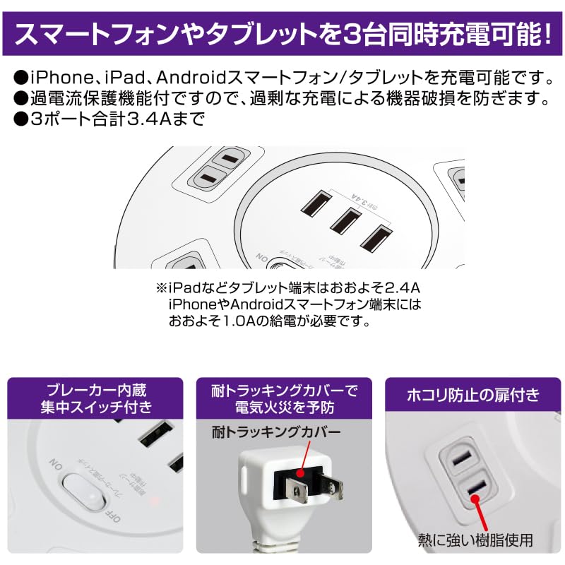 ELPA Lightning-Resistant Round USB Power Strip, 2m, 100V, 6 Outlets, 3 USB Ports, WLS-LS602RUSB(W), Urea Resin