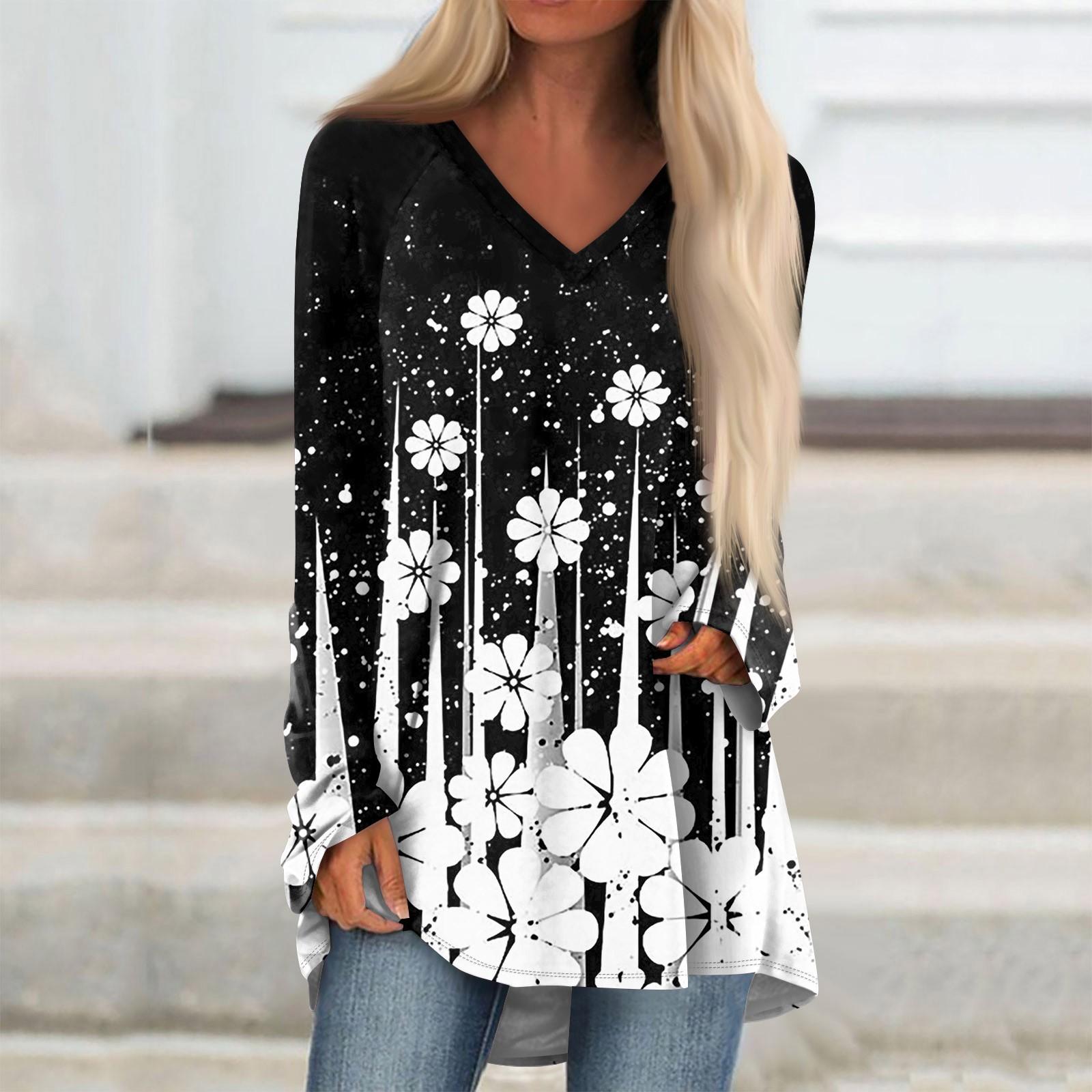 

Женская повседневная длинная свободная футболка с длинными рукавами и v-образным вырезом с цветочным принтом XL чёрный