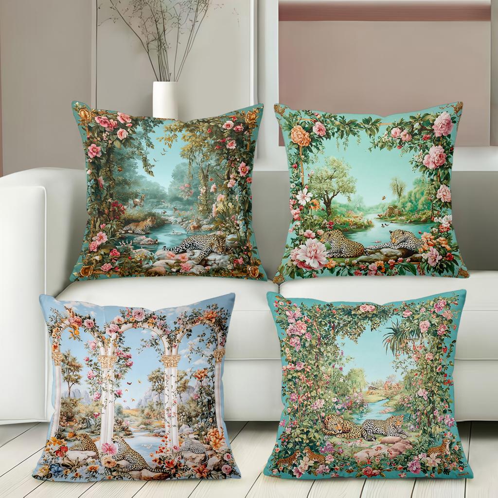 Vintage Floral Leopard Throw Pillow Covers for Home Decor Polyester Sofa Cushion Cov Headboard Pillow (Without Pillow Core
