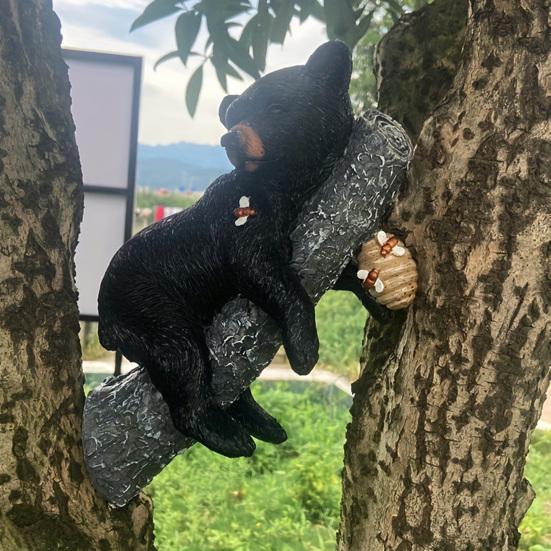 Cute Black Bear Cub Garden Statue, Tree Branch Decor with Honeycomb & Bee Accents for Outdoor Yard, Fence or Indoor Wall Decoration