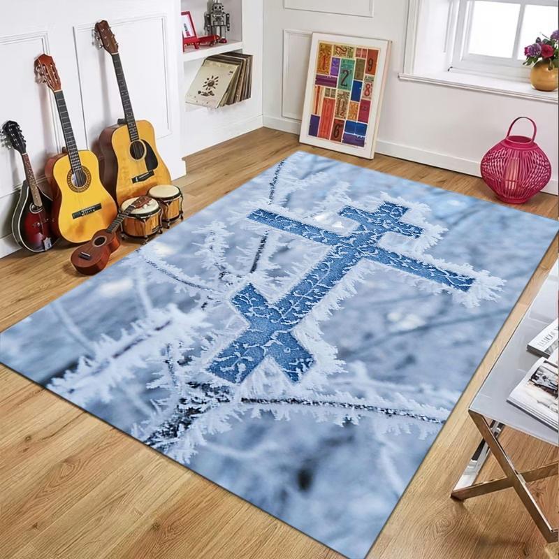 Eastern Orthodox Cross Area Rug Frost Marble Texture Christian Religious Decorative Floor Mat for Living Room Bedroom Home Decor