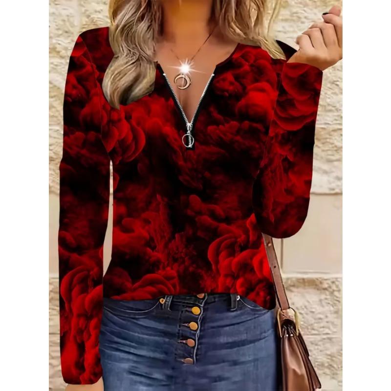 Women's Elegant Printed Zipper Long-sleeved Top, Stylish and Versatile for Autumn and Winter Casual and Office Wear, Machine Washable