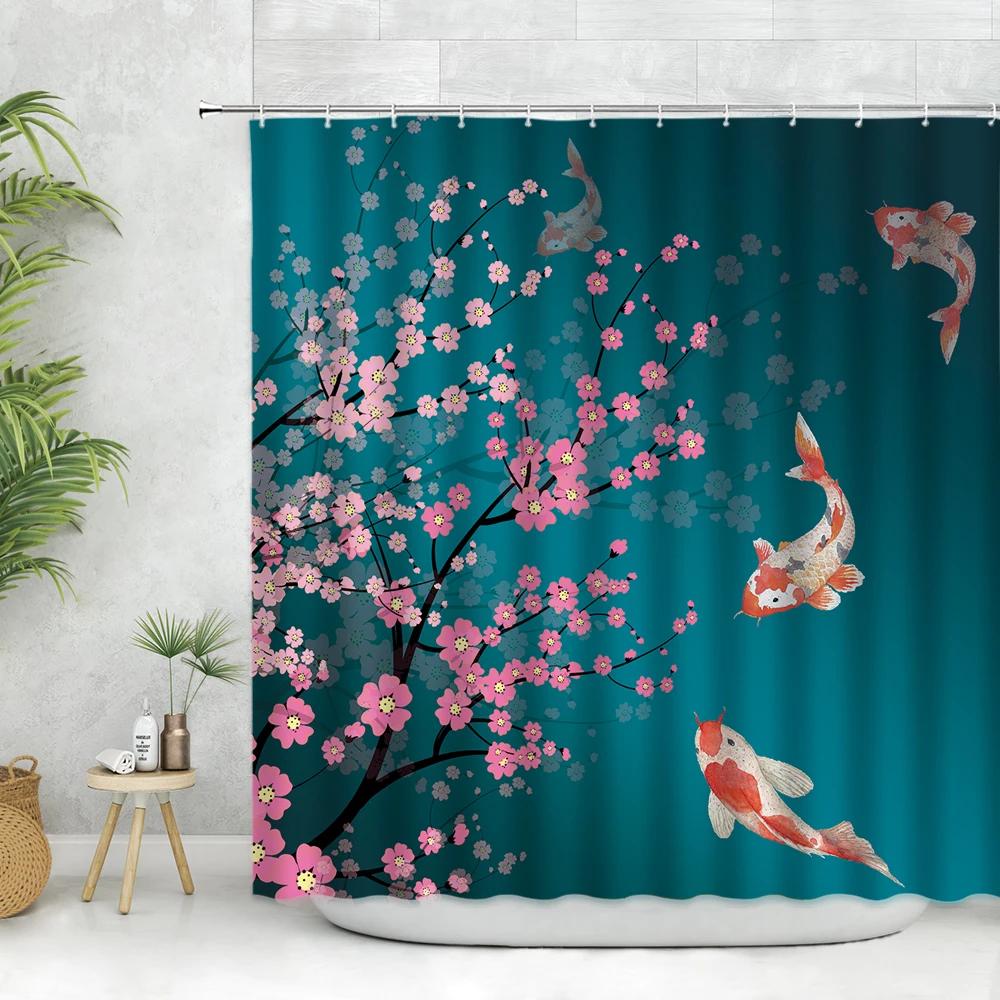 Chinese Style Goldfish Shower Curtain Set Koi Fish Watercolor Waves Wall Decorate White Cloth Bathroom Curtains Polyester Fabr