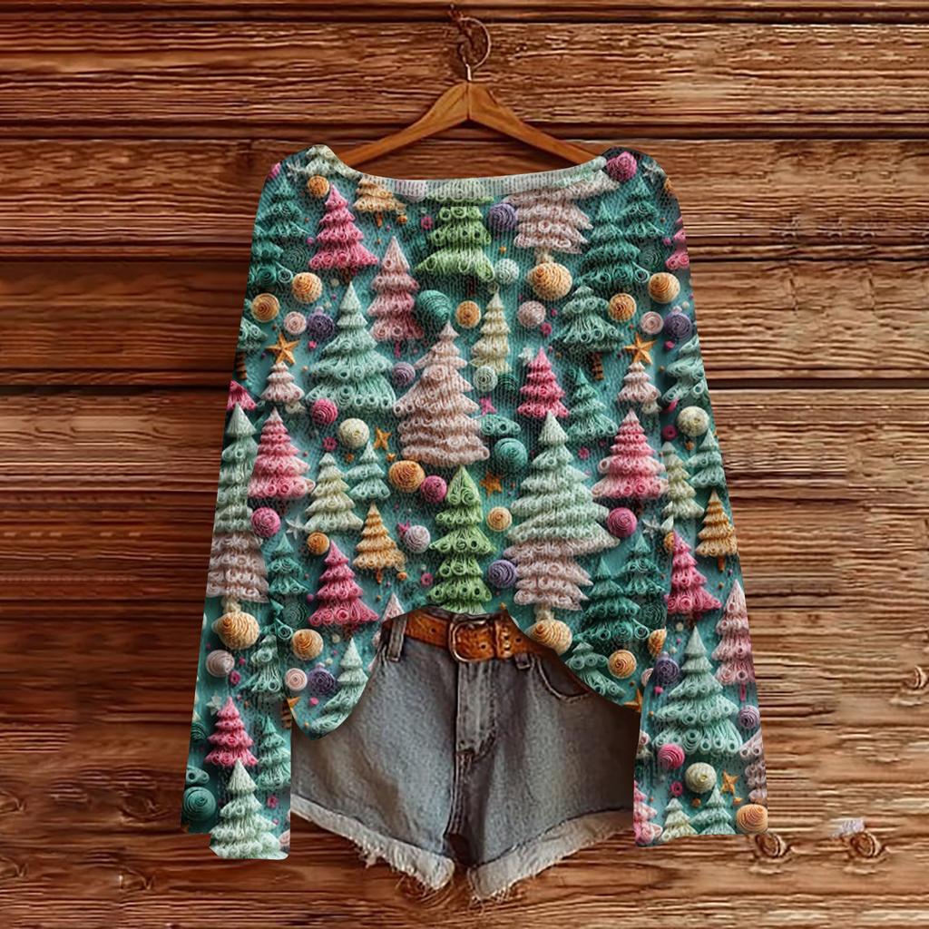 Ladies' Fashionable Casual Long Sleeved Christmas Printed Round Neck Knitted Yarn