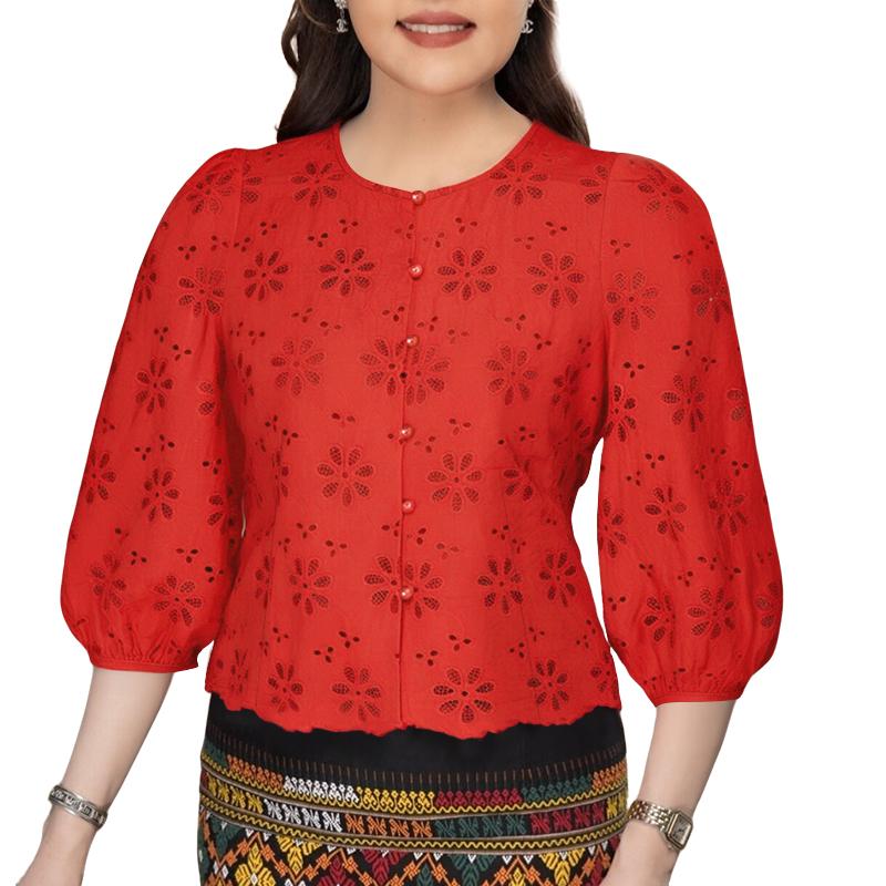 ZANZEA Women Casual O-neck 3/4 Sleeve Embroidery Lace Blouse