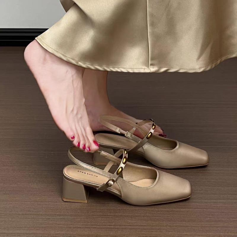 Fashion New Style French Square-toed Woven High-heeled Sandals Summer Fashionable Leather Fabric Mid-heel Women's Shoes Zapatos Mujer