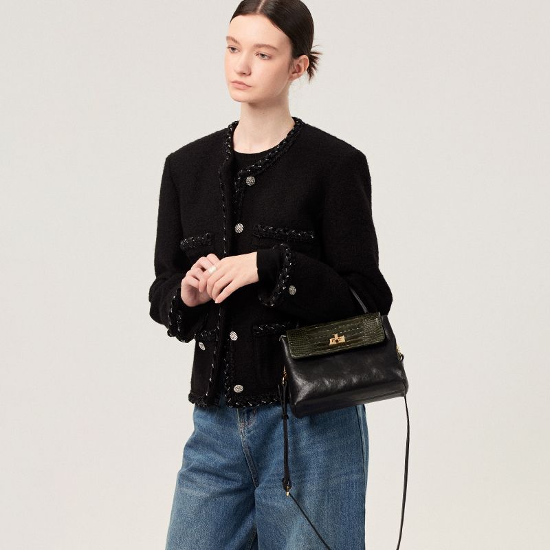 

Crocodile Pattern Special-Interest Design Cowhide Colorblock Handbag Dark green spell Black