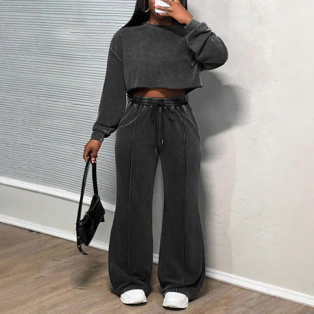 Women's Spring Fall Long Sleeve Casual Sets Washed Hoodie Sweatshirt 2 Piece Outfit Trendy Loose