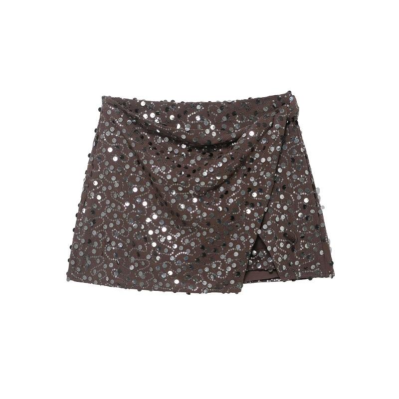 

Women s Clothing Wholesale New Fashion Women s Clothing Fashion Simple Sequined Double-breasted Mini Skirt L коричневий
