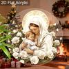Acrylic Virgin Mary and Baby Jesus with White Roses Suncatcher, Stained Glass Effect Window Hanging Ornament for Religious Christmas Decor Gifts