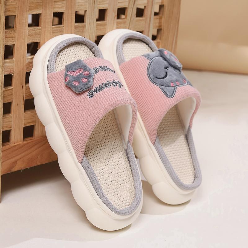 Linen Casual Slippers Women House Platform Cute Cartoon Cat Designer Shoes Girls Flat Elegant Footwear Indoor Large Size