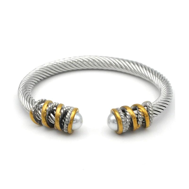 

European and American Popular Cable Opening Micro-inlaid Bracelet, Gold and Silver Intercolored Pearl Wire Rope Bracelet 2026 18CM