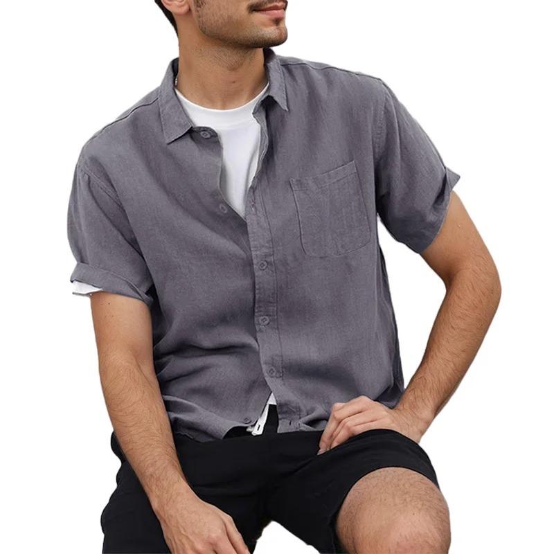 Sommer Neues Herren Umlegekragenhemd Einfarbig Baumwolle Leinen Leicht Atmungsaktiv Lässige Kurzarmhemden