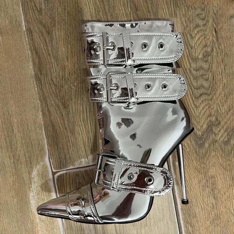 Mode Denim Metallnieten Gürtelschnalle Silber Schwarz Kurze Stiefel Damen Sexy Punk Stil Spitz 12cm Hochhackige Halbwadenstiefel Größe 34-43