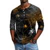 Men Casual Halloween Print Henley Shirt Raglan Sleeve Three Quarter Length Button Front Top