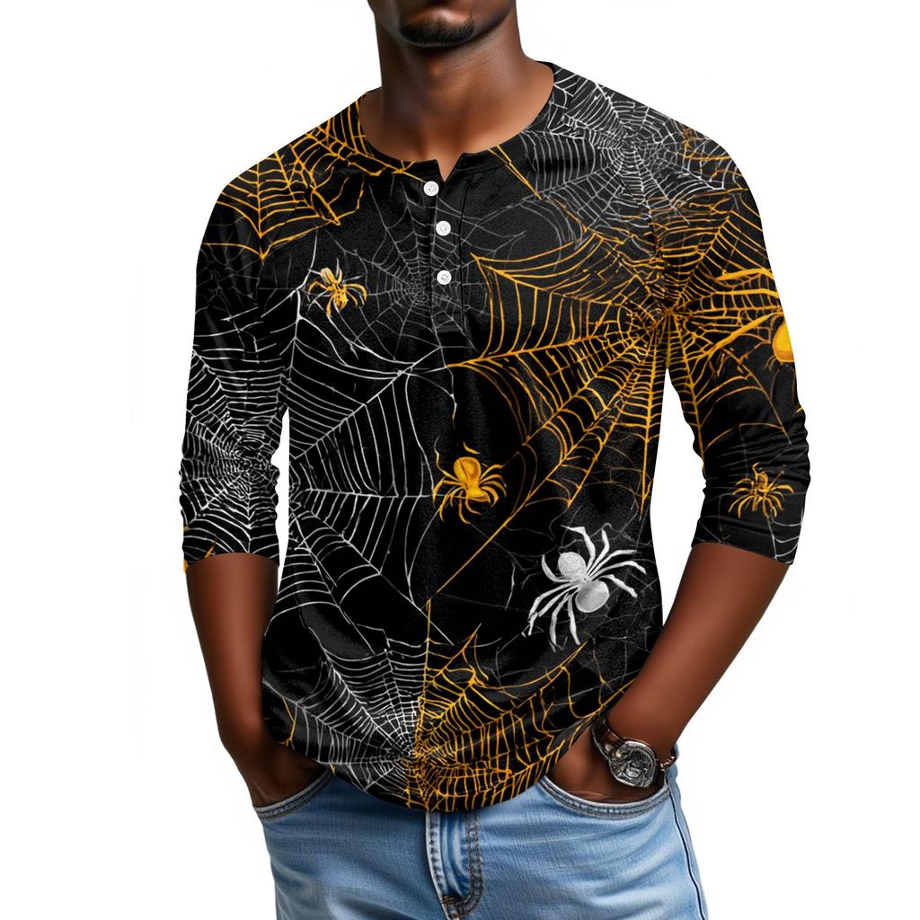 Men Casual Halloween Print Henley Shirt Raglan Sleeve Three Quarter Length Button Front Top