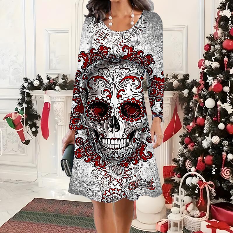Novo Vestido Casual de Gola Redonda Feminino Outono & Inverno 2025 Estampa 3D de Halloween Presente Ideal de Halloween Natal
