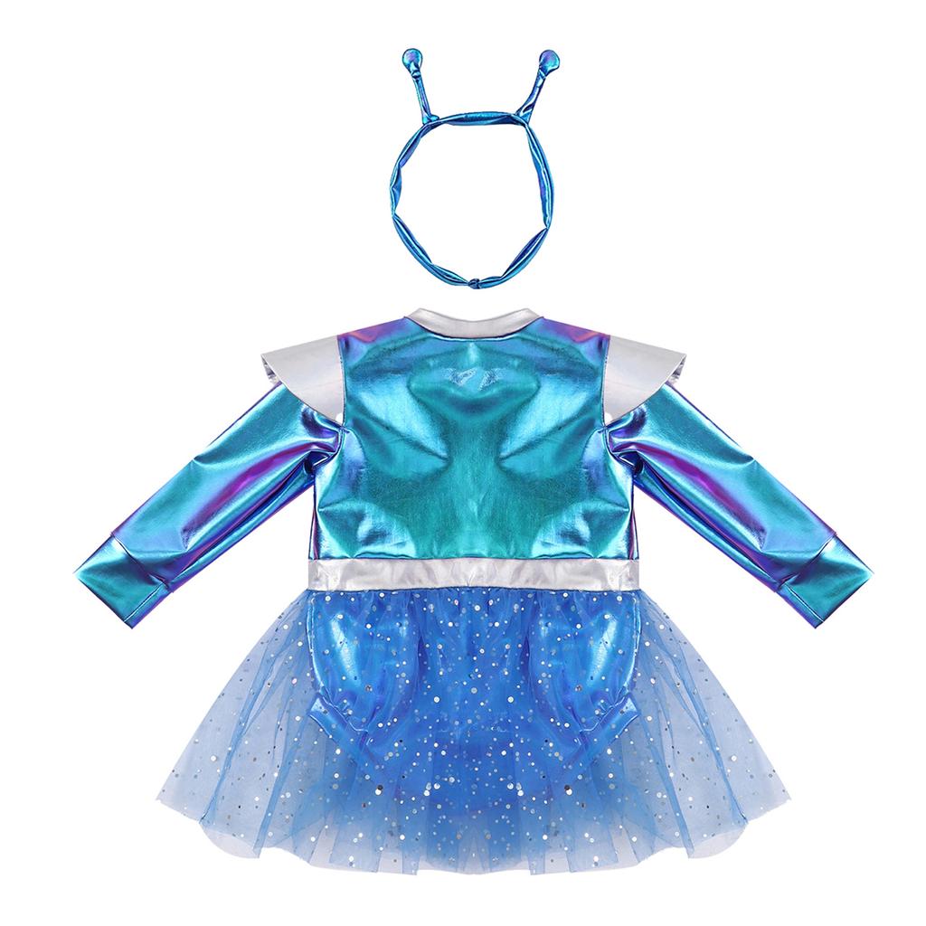 Dívčí Cosplay Šaty Mimozemšťan Dlouhý Rukáv Zapínání na Knoflíky v Rozkroku Flitrovaný Tyl Metalické Barevné Bloky s Čelenkou pro Tematickou Párty