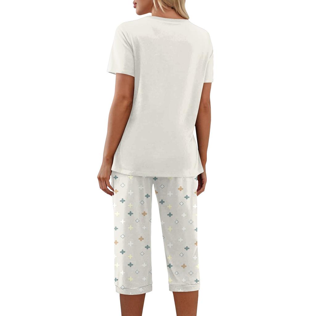 Women's Printed Two Piece Short Sleeve Pajama Set with Pants for Casual Sleepwear