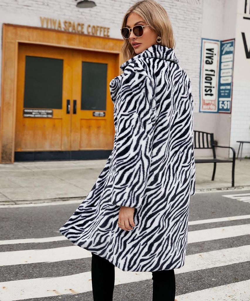2023 Autumn Zebra Print Faux Fur Coat: European-American Fashion Long Plush Coat