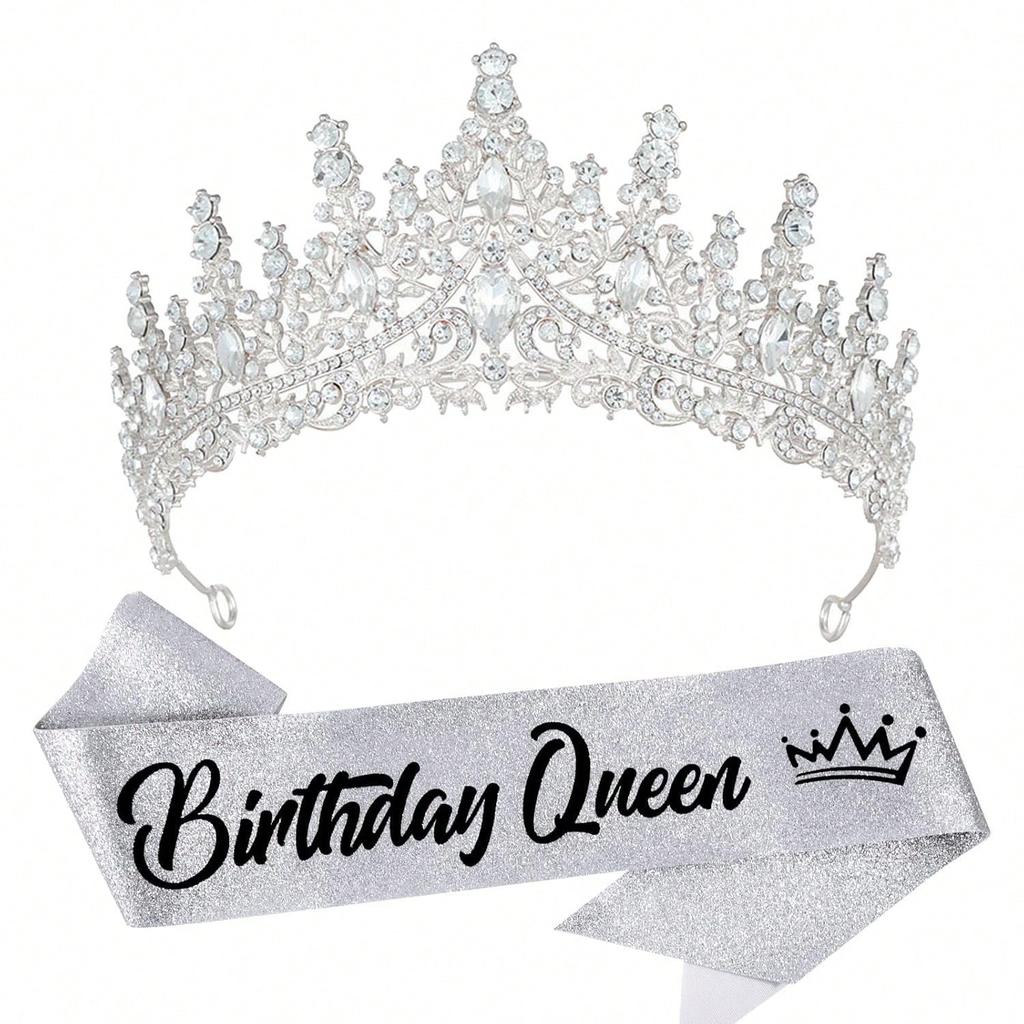 2Pcs Birthday Queen Tiara Crowns for Women Crystal Birthday Queen Headband Sash Elegant Princess Crown Birth Party Decorations