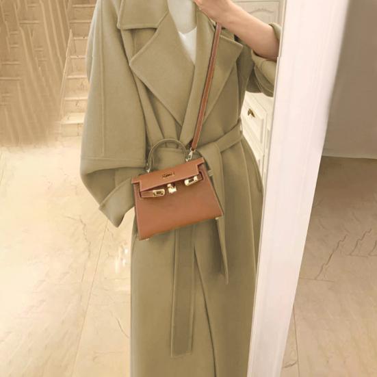 Women Winter Overcoat with Belt Turn-down Collar Pockets Pure Color Cardigan Mid Length Coat Thermal Long Sleeves Commuting Dating Winter Coat