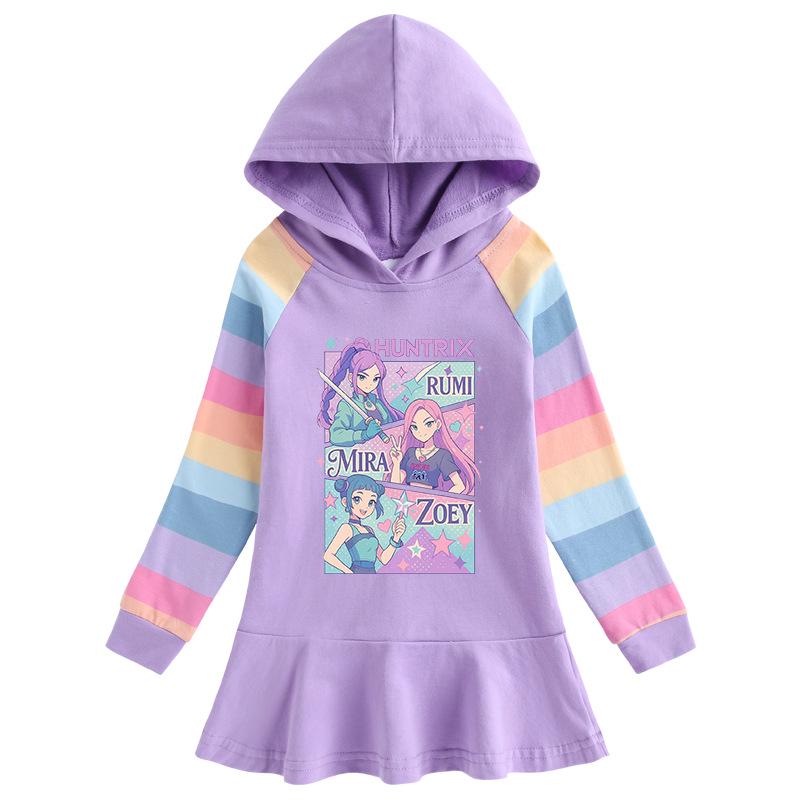 Vestito arcobaleno Cacciatore di demoni Kpop - Vestito da principessa plissettato con cappuccio a maniche lunghe per bambina per primavera e autunno