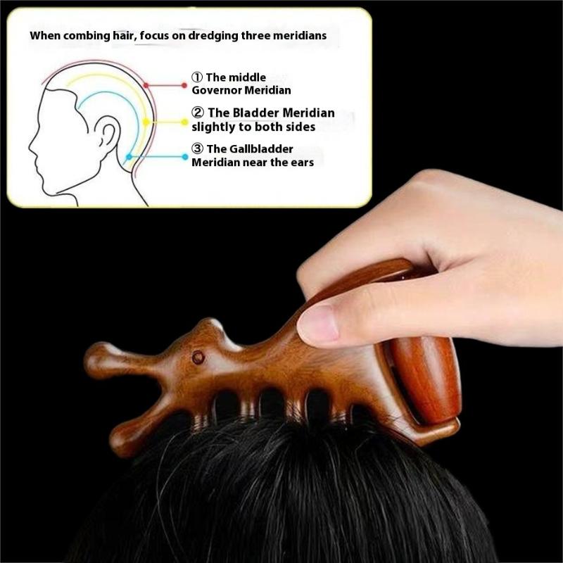 Holz Massagekammkopf Meridian Kopfhautkämme Gesicht Augen Schulter Nacken Schabbehandlung Haarausfall Antistatisch Breit gezahnter Kamm