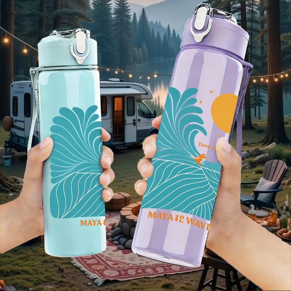 1PC Wave Ocean Sunset Line Art 750ml Color Plastic Sports Water Bottle Leakproof Flip Straw Lid Suitable for Sports Office Home Use