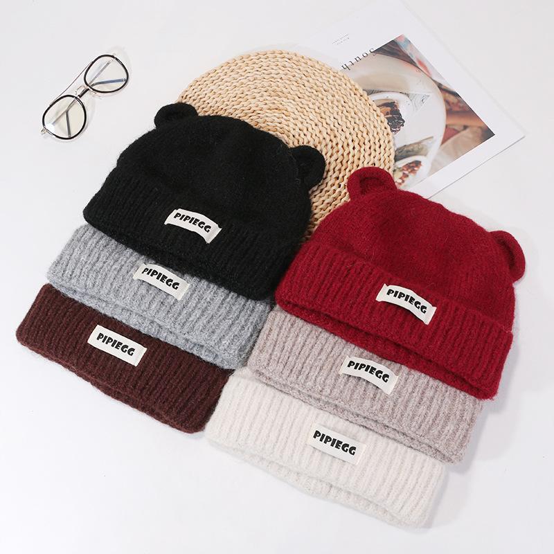 Bear Letters Versatile Autumn and Winter Hat for Women's Fashionable Cute Knitted Hat Korean Style Versatile Face Showing Small Pullover Wool Hat