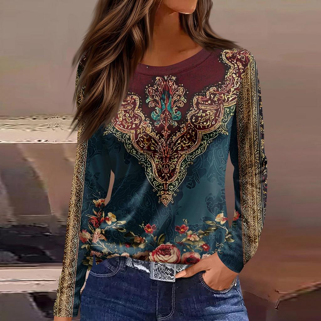Women's Fashion Casual Slit Hem Round Neck Long Sleeve Loose Printed T-Shirt Ladies Top