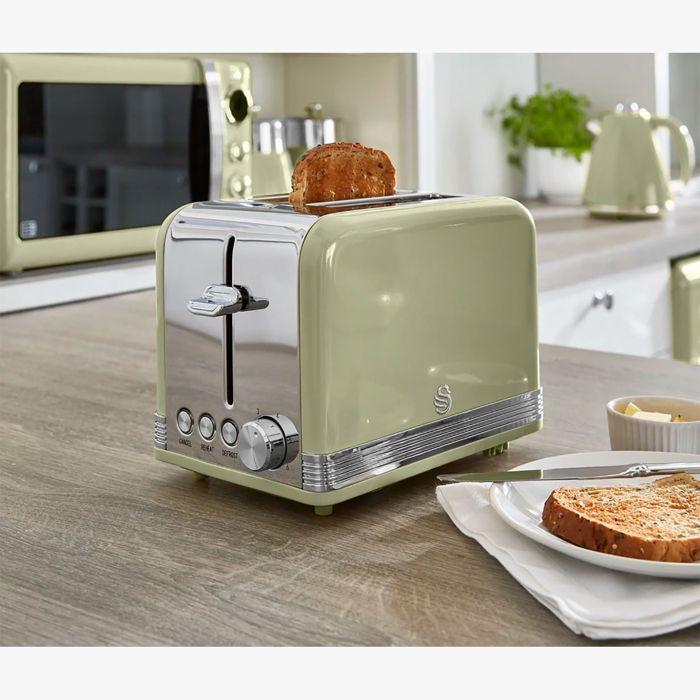 Retro grille-pain à fente large 2 tranches, 3 fonctions, 6 niveaux, vintage swan st19010gneu 800w vert