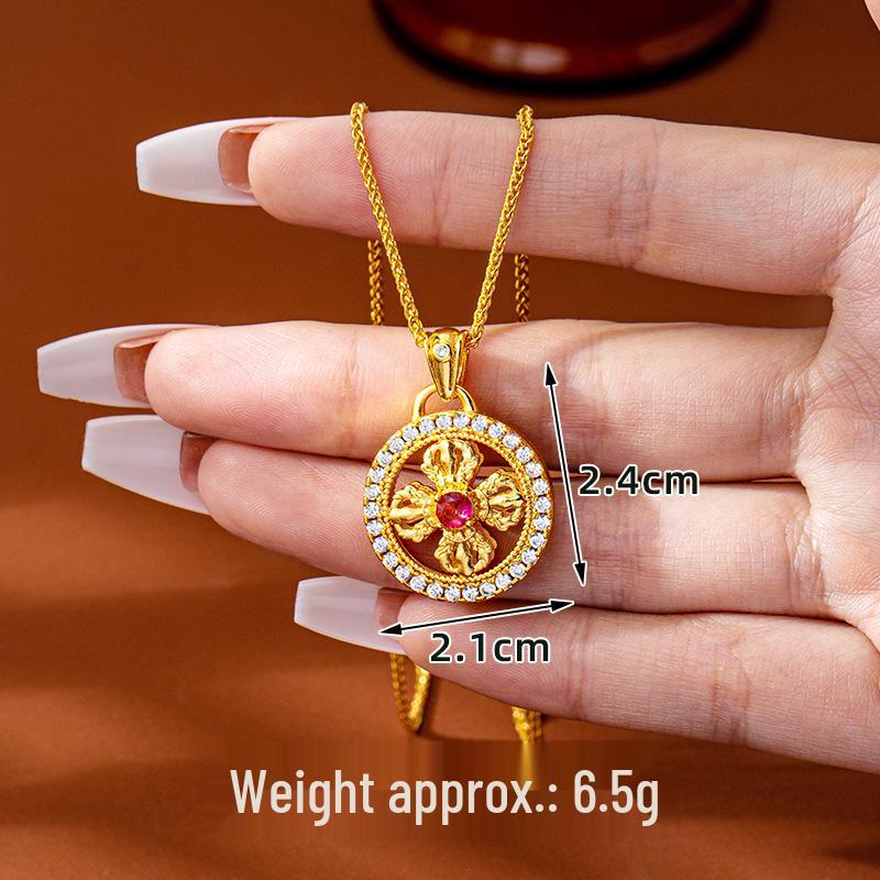 Diamond-Studded Vajra Cross Disc Pendant Women's Gold Necklace - Retro, Long-Lasting, Non-Fading Jewelry