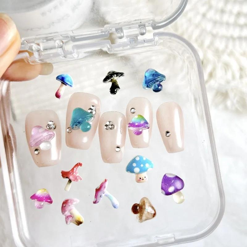 30/90pcs Dopamine Colored Adorable Mushroom Resin Nail Charms Colorful Dazzling Translucent Nail Art Decorations DIY Nails Ins