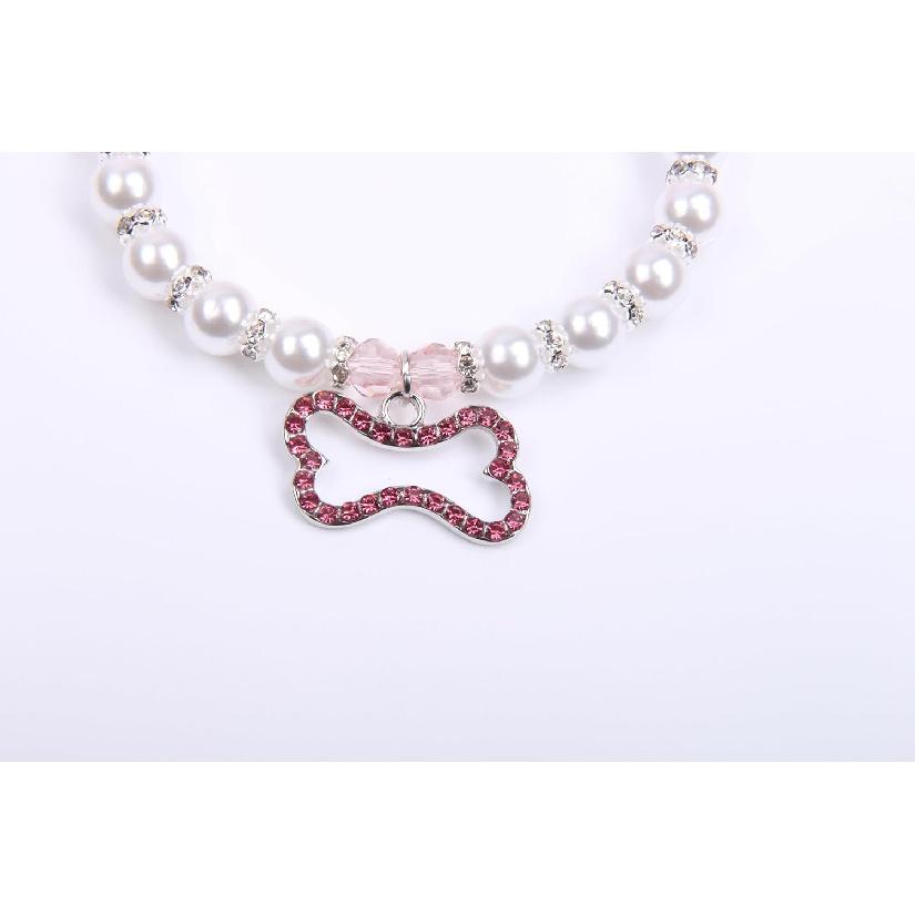 Dog Cat Pearls Necklace Collar with Rhinestones Bone Charm Pendant Pet Puppy Jewelry Accessory (Pink, Small)