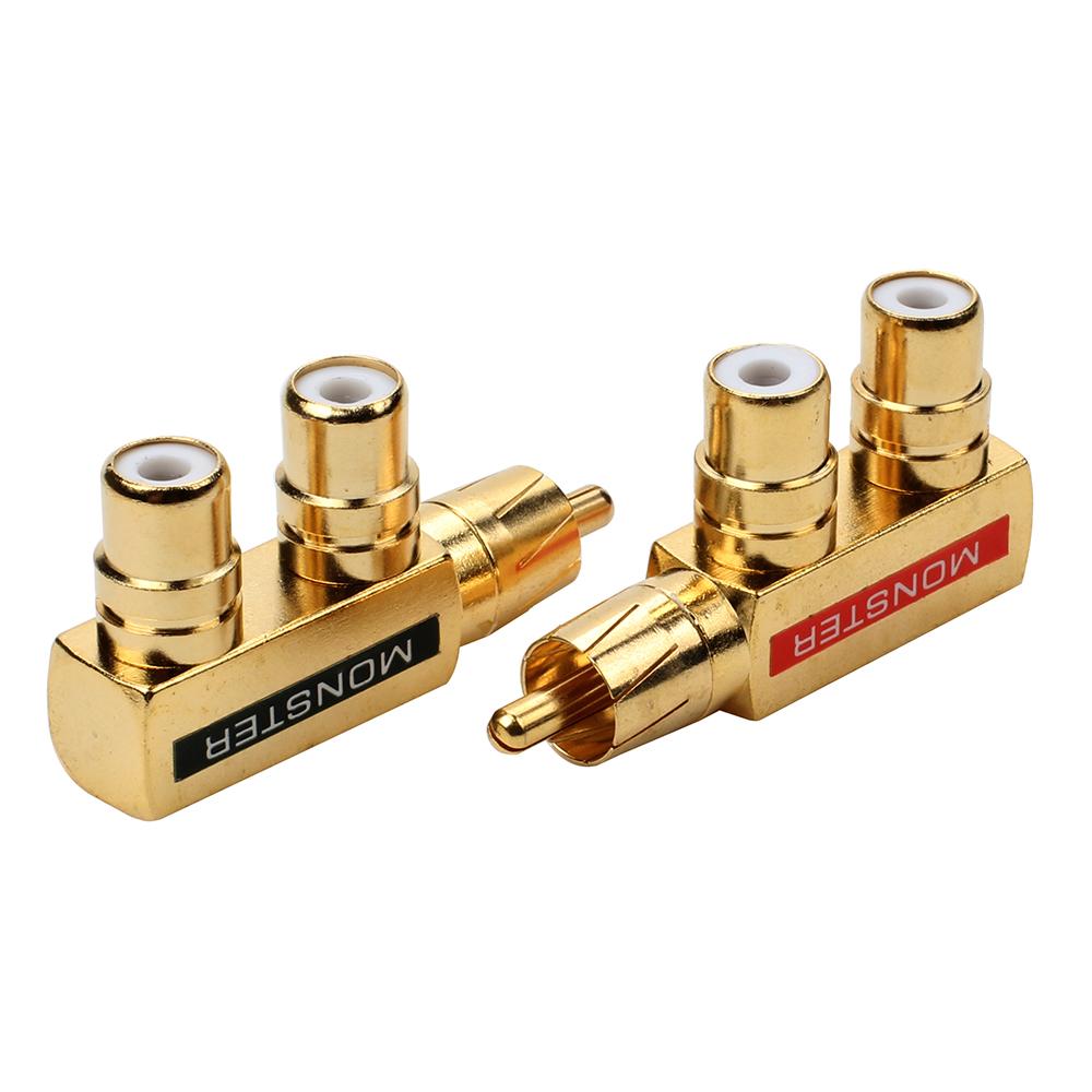 1/6PC RCA One Divided into Two Monster Full Copper Gold Plated Gun Type Lotus Male to 2 Female Audio Adapter