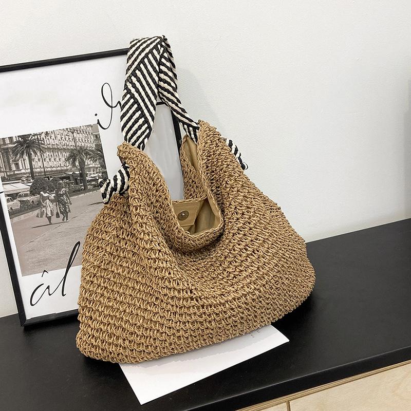 Borsa da spiaggia di paglia di grande capacità Borsa a spalla intrecciata a mano vintage Borsa a mano in rafia rattan Borse a tracolla bohémien per vacanze estive