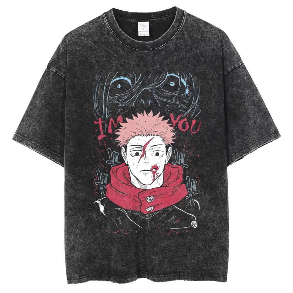 Vintage Gewaschenes Herren T-Shirt Anime Jujutsu kaisen Kurzärmelig Oversized Harajuku Herren Kleidung Tee Hip Hop Unisex Baumwolle Hohe Qualität Kurze Ärmel