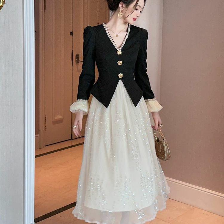 French High-end Foreign-style Dress for Women's Spring and Autumn Korean Version, Waist and Thin Fake Two-piece Celebrity Daughter Style Long Skirt