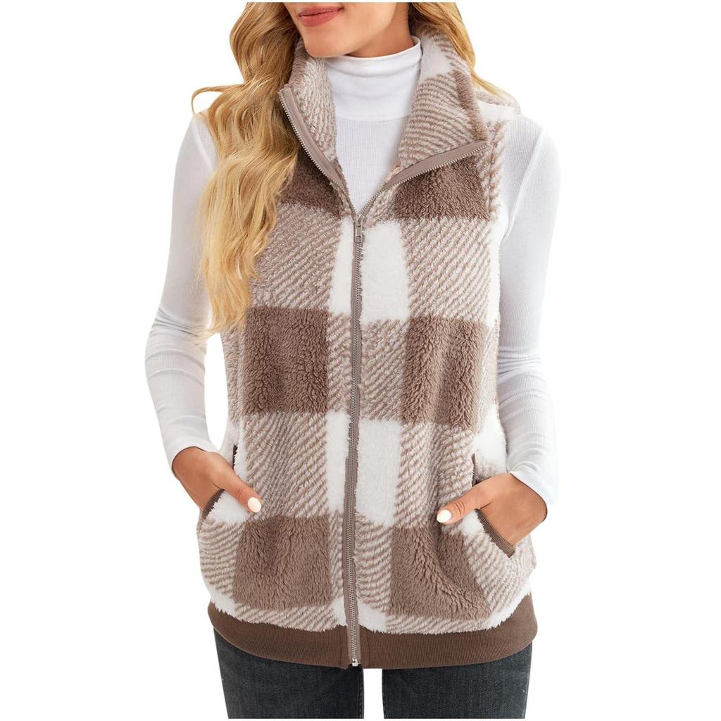 Women's Vest Plaid Comfortable Fleece Cardigan Vest Stand Collar Sleeveless Women's Jacket