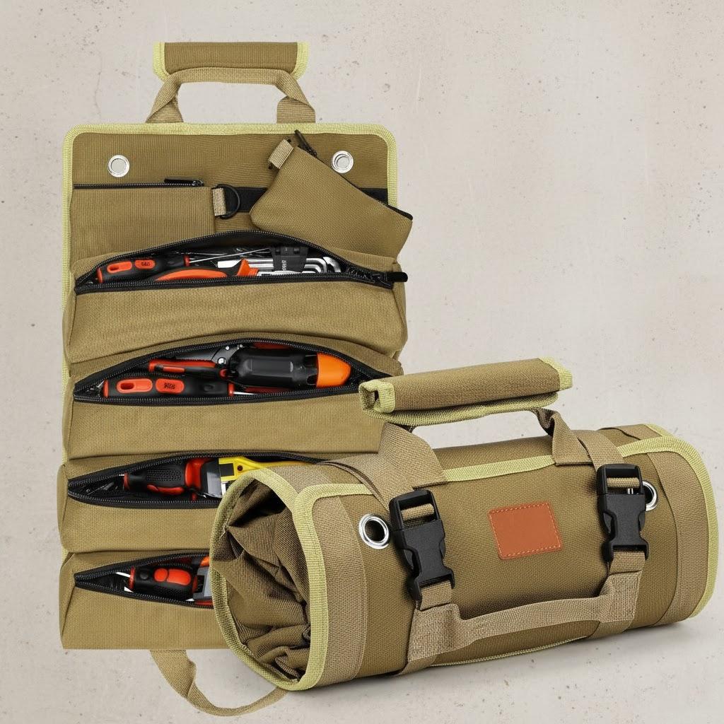 Heavy Duty Roll Up Tool Bag Portable Foldable Organizer with 2 Small Pouches for Mechanics and DIY Projects