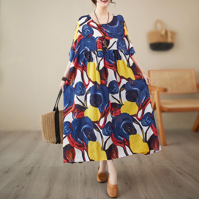 

Простое литературное деревенское стильное маленькое свежее летнее новое свободное женское платье с короткими рукавами и абстрактным принтом One Size синий