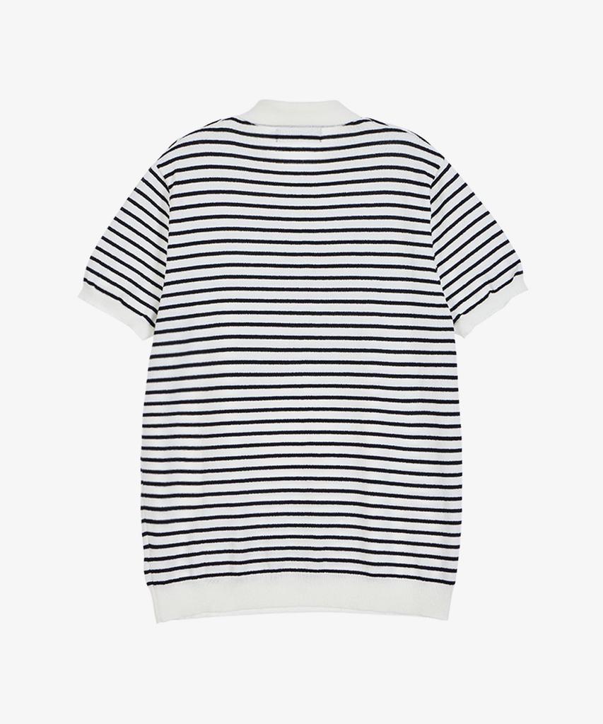 MAKEITTO Striped Knit Collared Short Sleeve T-Shirt_White