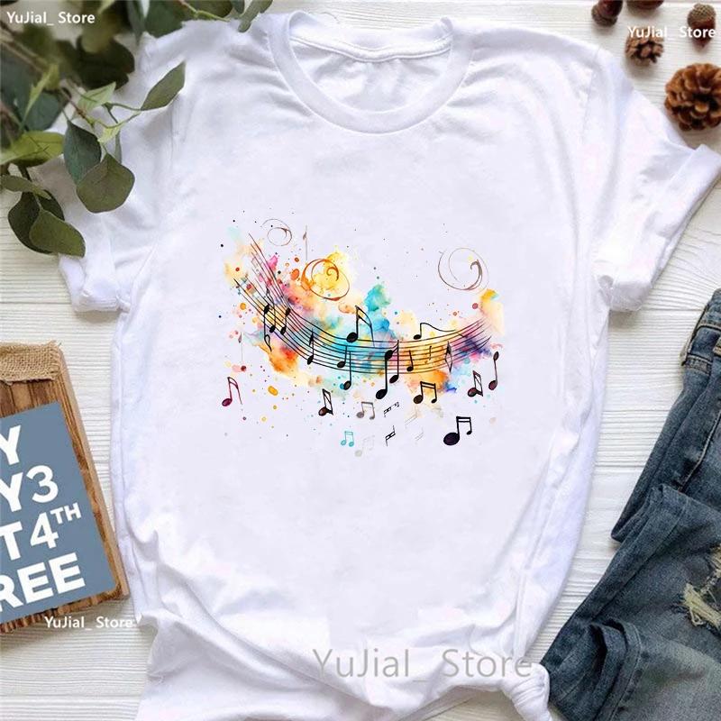 Watercolor Music Note Flowers Print T Shirt Girls Summer Fashion Tshirt Womem Hip Hop Tshirt Femme Harajuku Shirt Streetwear