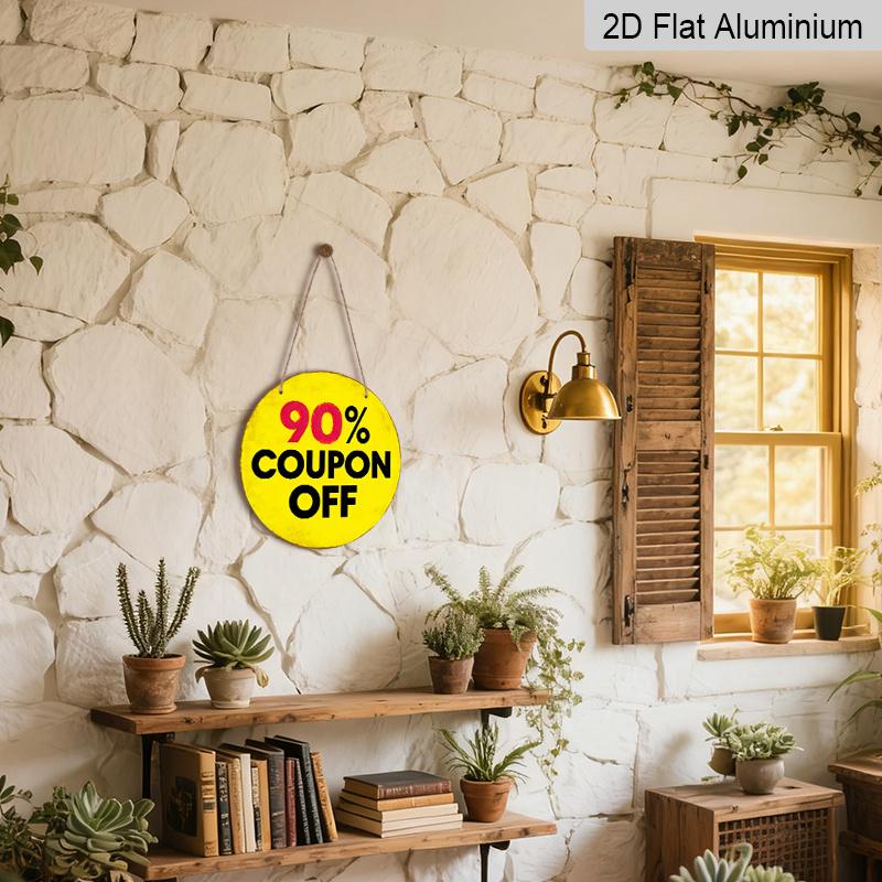 2D Flat, 1pc Round Aluminum Hanging Sign. "90% Coupon Off" Bold Yellow & Black Design. Retro Distressed Clearance Plaque. Ideal for Retail Shop