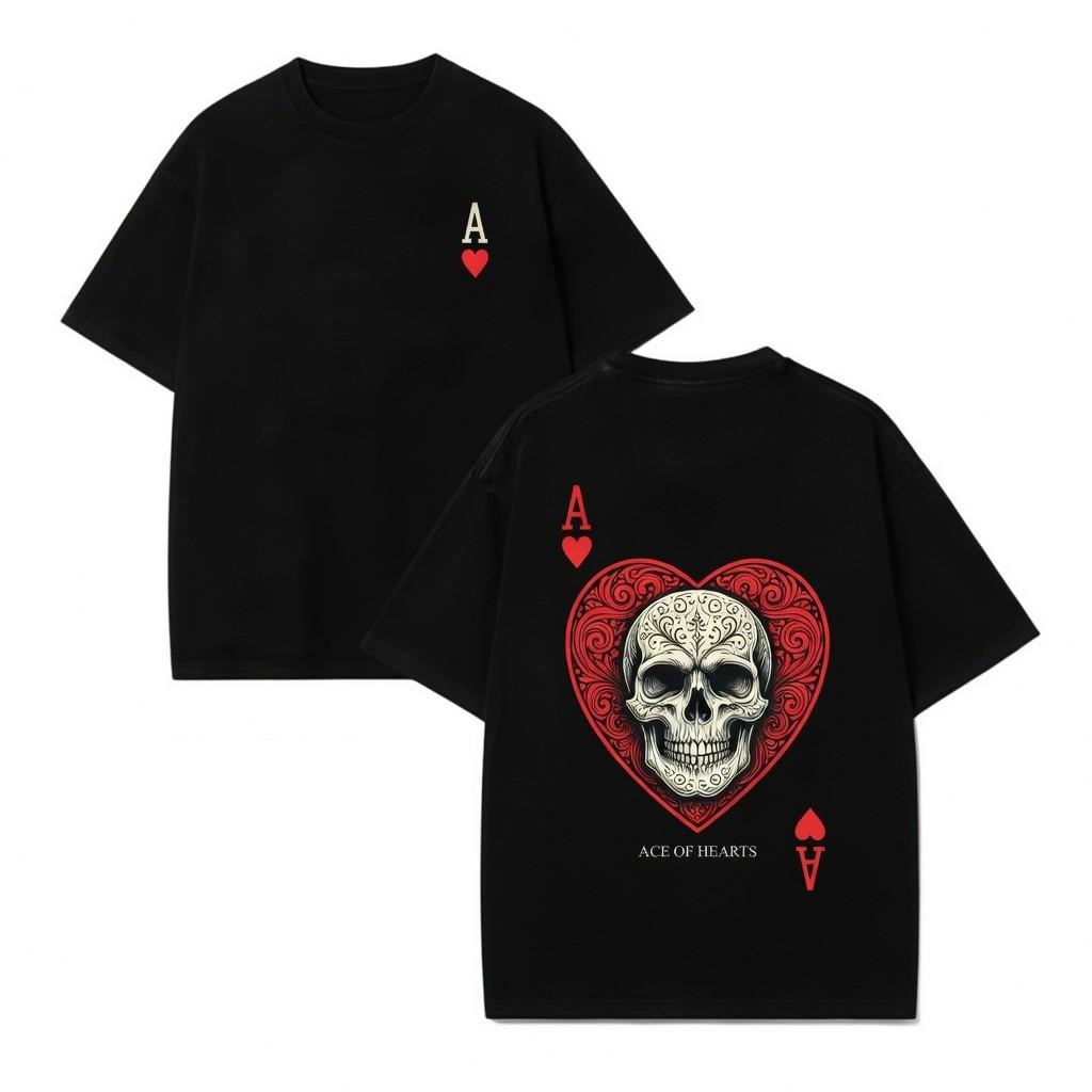 Ace of Hearts Skull Double Sided Gothic Graphic Vintage Poker Card Mens Shirt S