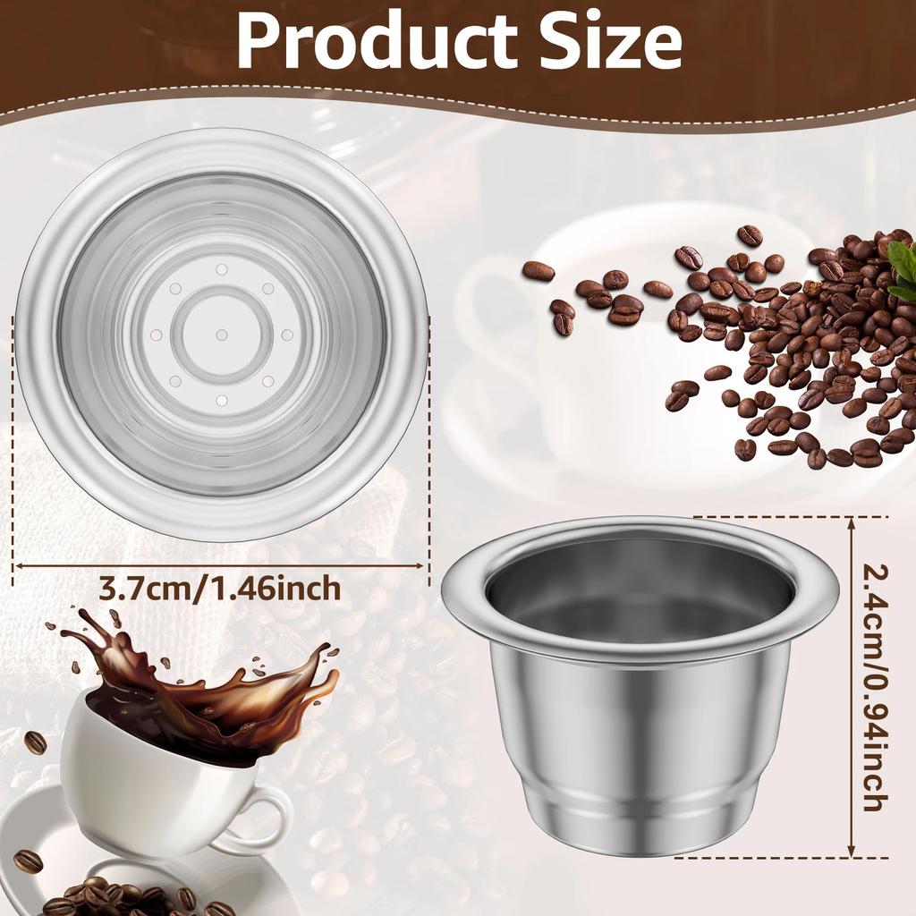 6Pcs Nespresso Coffee Capsulas Stainless Steel Reusable Nespress Coffee Capsule Refillable Coffee Filters Cup with 100 Foil Lids