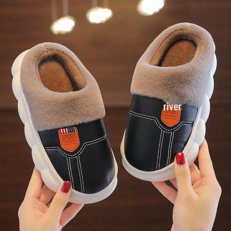 Children's Non-Slip Waterproof Slippers - Soft Cotton, PU Leather, Velvet-Lined for Parents & Kids, Winter Warm