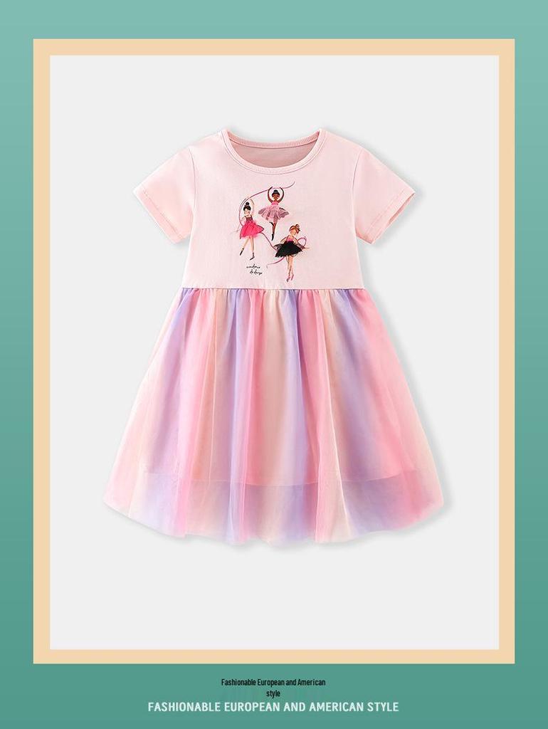 26-year Spring/Summer Kids' Rainbow Mesh Dress - Sweet Print, Round Neck, Short Sleeve, In Stock